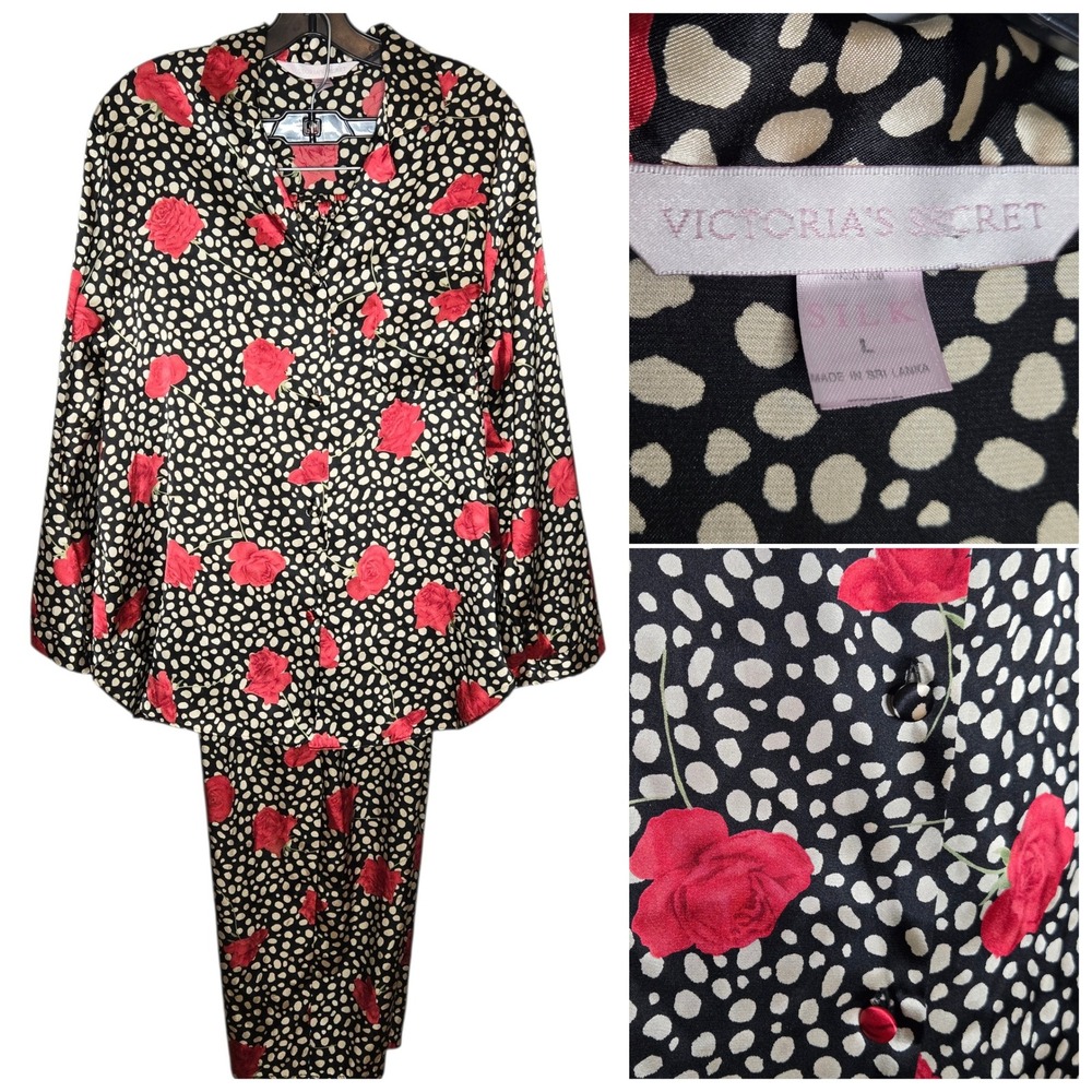 Victoria's Secret Silk line Red Rose Polka Dot Satin Pajama Set Top Pants Large